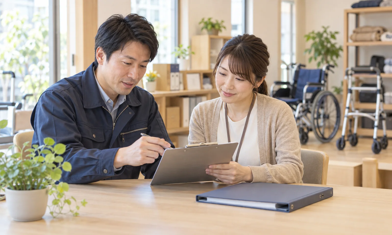 福祉用具事業所で引き継ぎ内容を確認する営業担当者