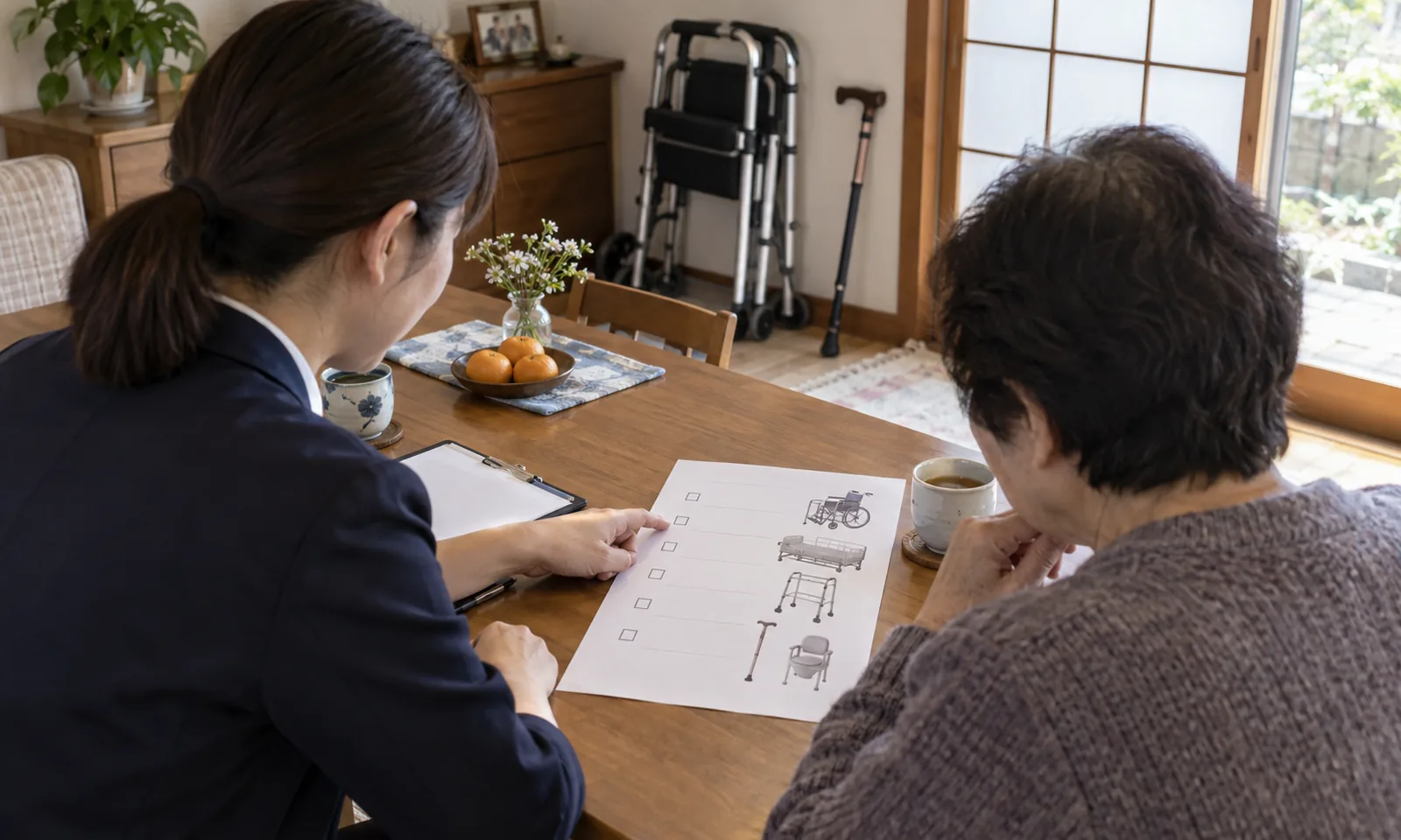 自宅で福祉用具貸与計画を確認する専門相談員と利用者